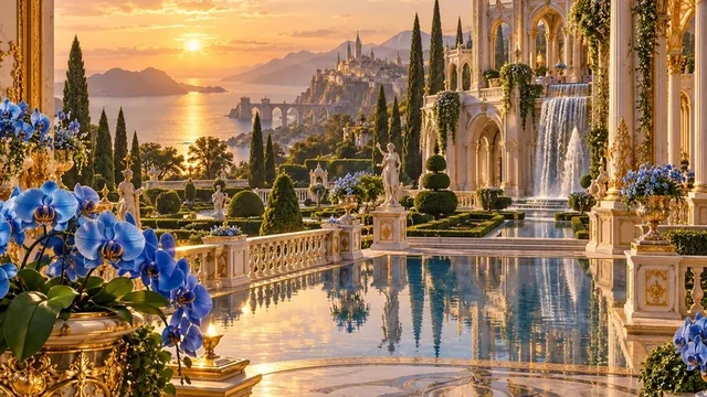 Scene 3 keyframe: hidden palace garden with reflecting pool, blue orchids and waterfalls at sunset