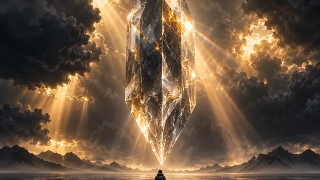 Scene 4 keyframe: a giant floating crystal radiating light over a lone traveler