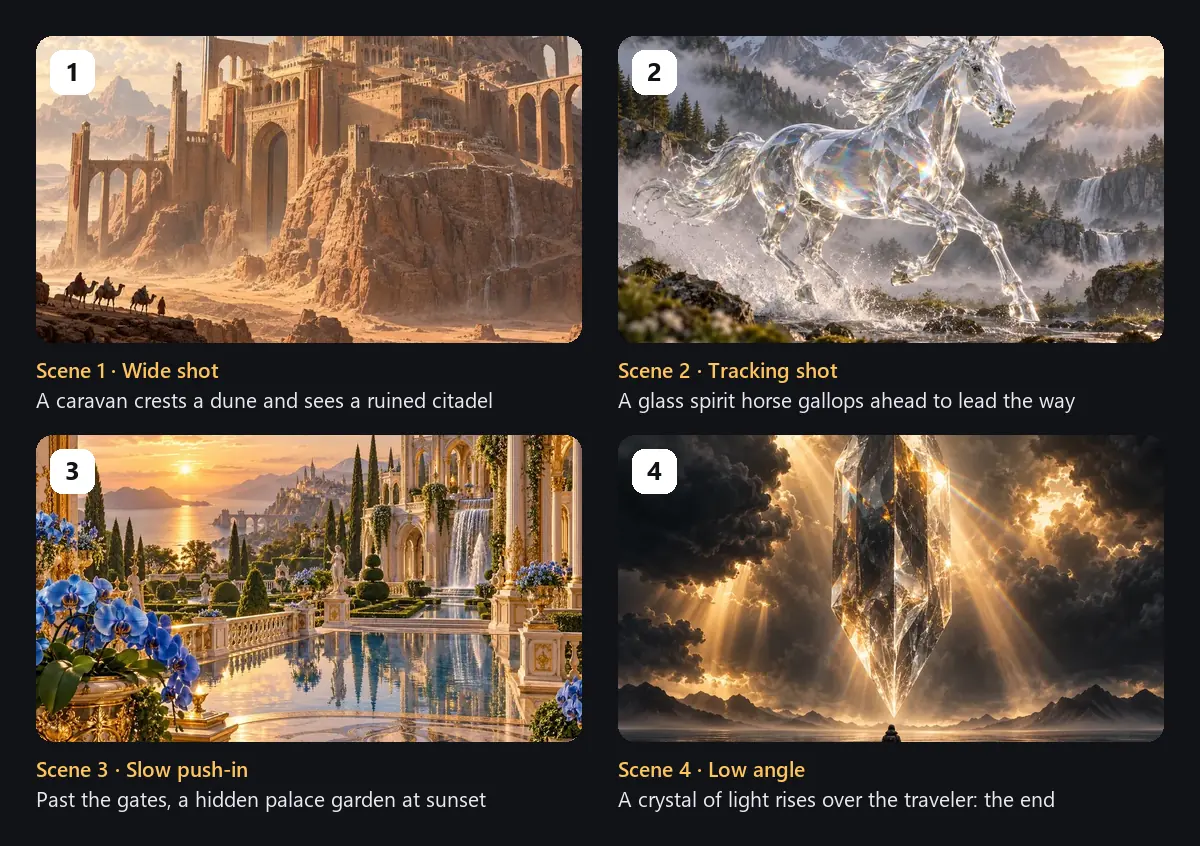 Four-scene AI video storyboard: a caravan sees a desert citadel, a glass spirit horse, a hidden palace garden, and a crystal of light