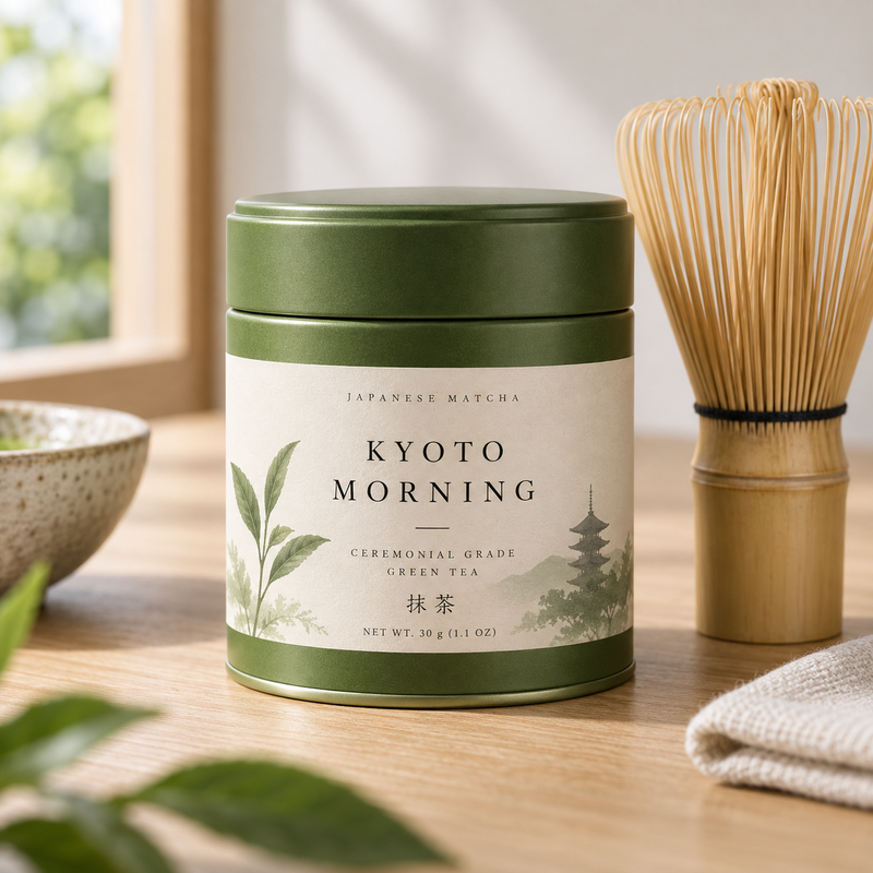 Input photo of a matcha tin with a paper label, used for the editing test