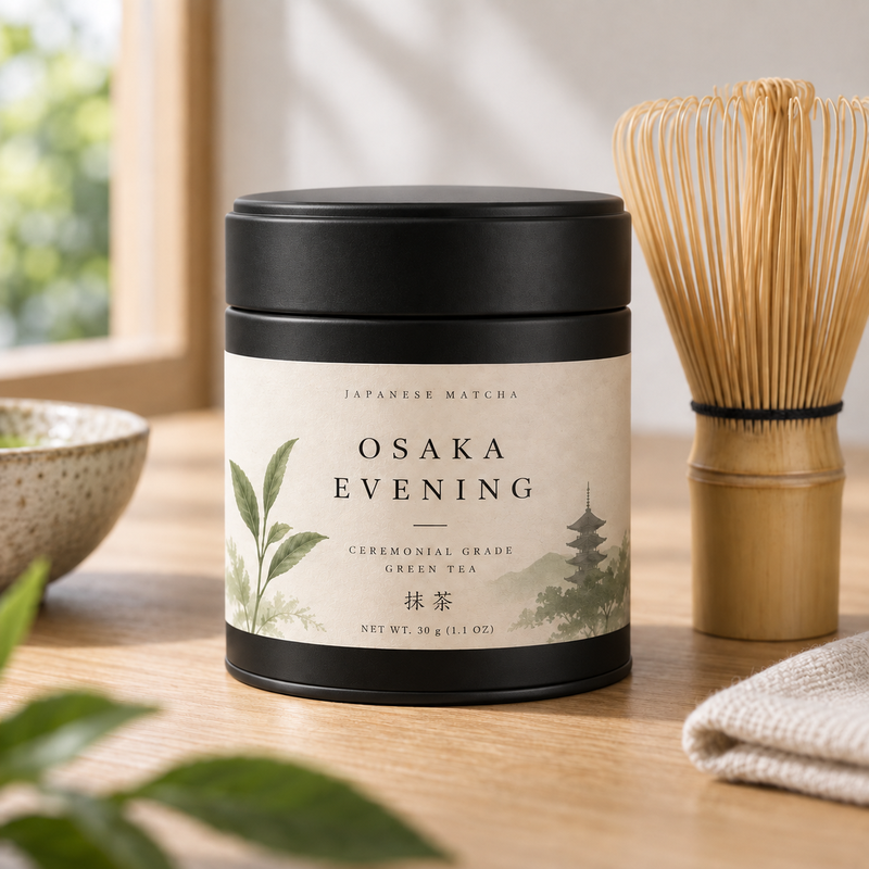 Nano Banana 2.1 edit: matte black matcha tin with the label changed to Osaka Evening