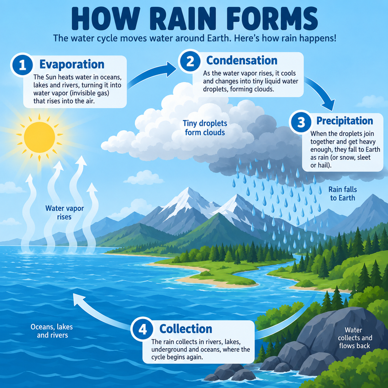 Nano Banana 2.1 infographic poster titled How Rain Forms with four labelled stages