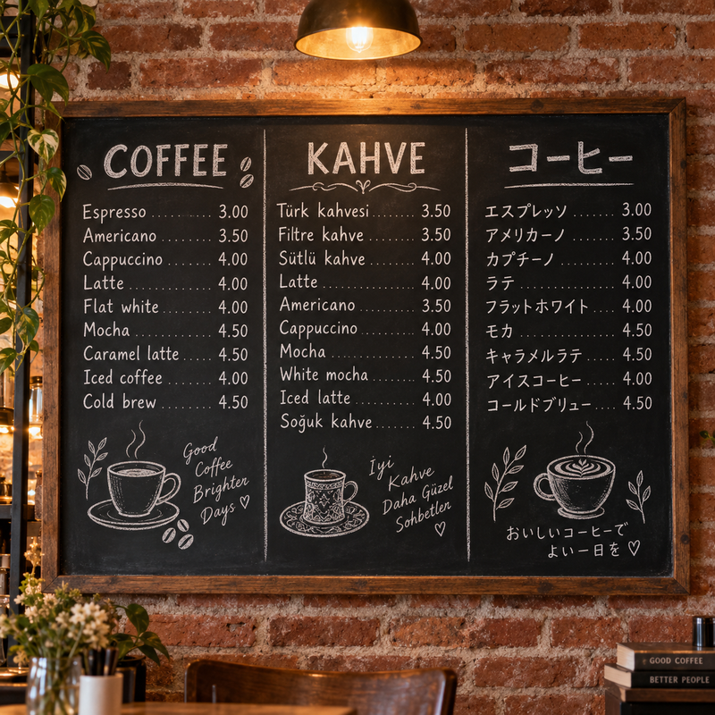 Nano Banana 2.1 chalkboard cafe menu lettered in English, Turkish, and Japanese