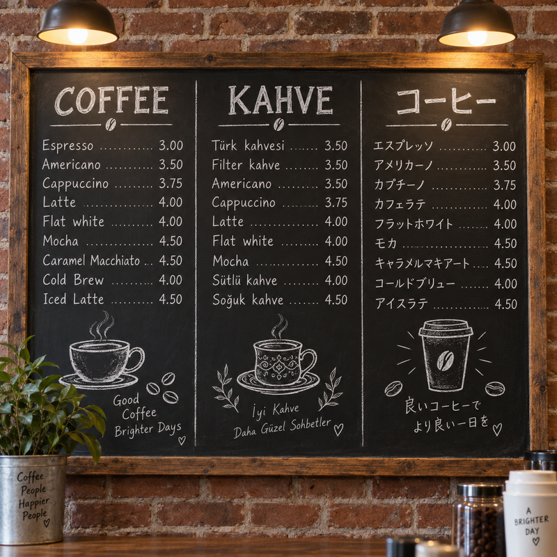 Nano Banana Pro chalkboard cafe menu with three language columns