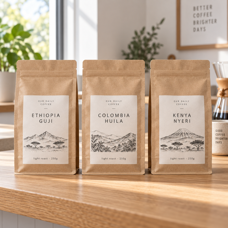 Nano Banana 2.1 product photo of three kraft coffee bags with matching labels