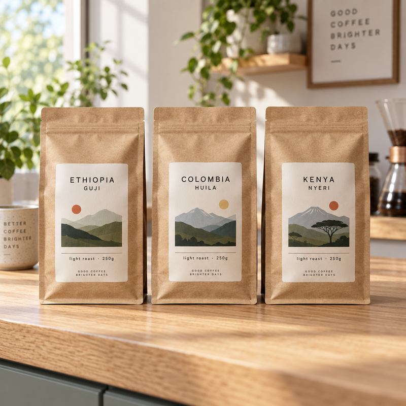 Nano Banana Pro product photo of three kraft coffee bags with matching labels