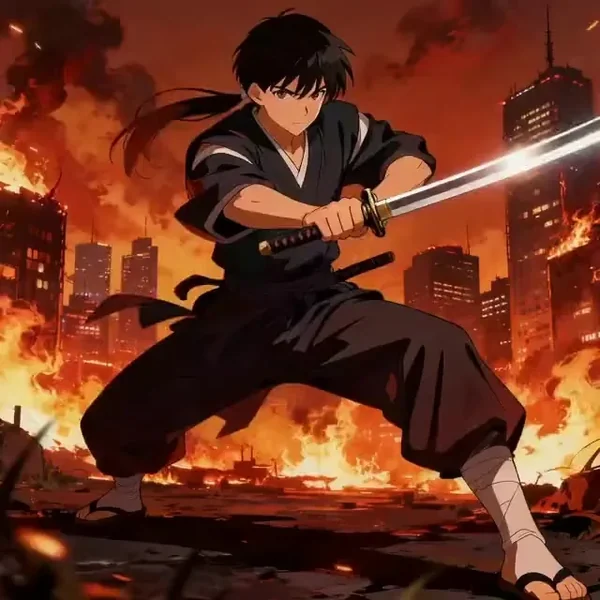 Anime swordsman with a glowing blade in a burning city, an illustration ready to animate