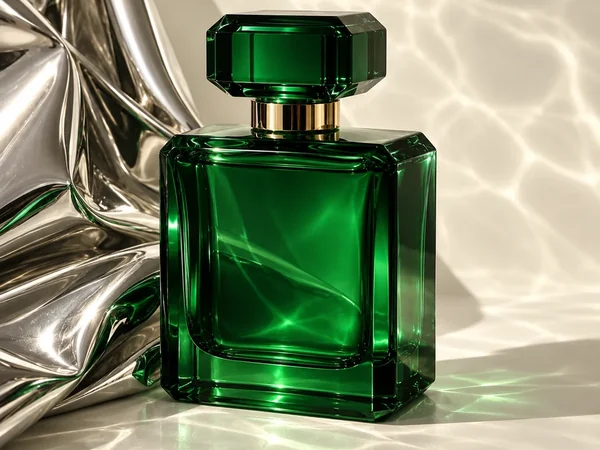 AI product photo of a green perfume bottle on silver silk, a Higgsfield vs OpenArt alternative for product shots