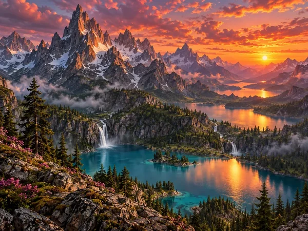 AI landscape of mountain lakes and waterfalls at sunset