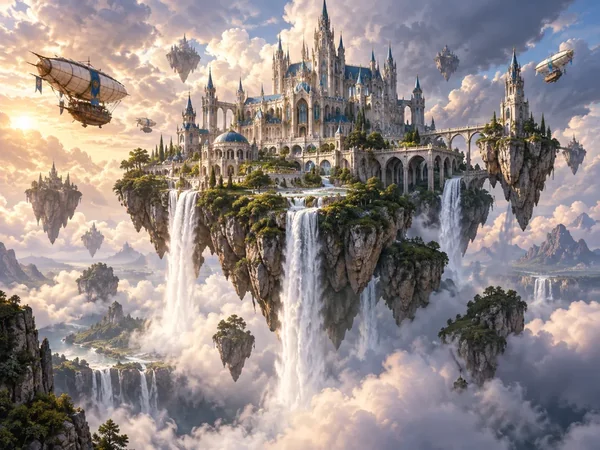 AI generated floating castle with waterfalls and airships, made with an OpenArt vs Higgsfield alternative