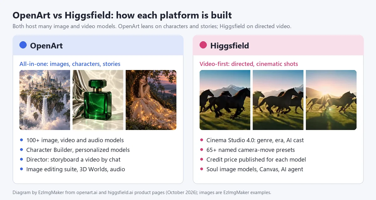OpenArt vs Higgsfield diagram: OpenArt as an all-in-one suite for images, characters and stories, Higgsfield as a video-first studio with camera presets