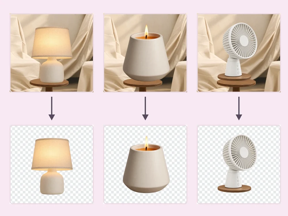 Three product photos of a lamp, a candle and a fan processed in one batch into matching transparent cutouts