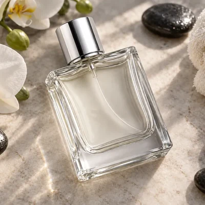 Glass perfume bottle placed in a spa scene with orchids and stones, an example of a background remover scene