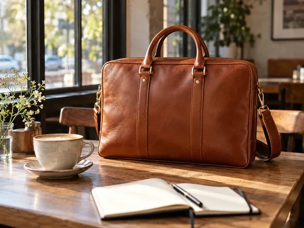 Brown leather bag on a sunny café table with a cappuccino and notebook, a lifestyle product photo