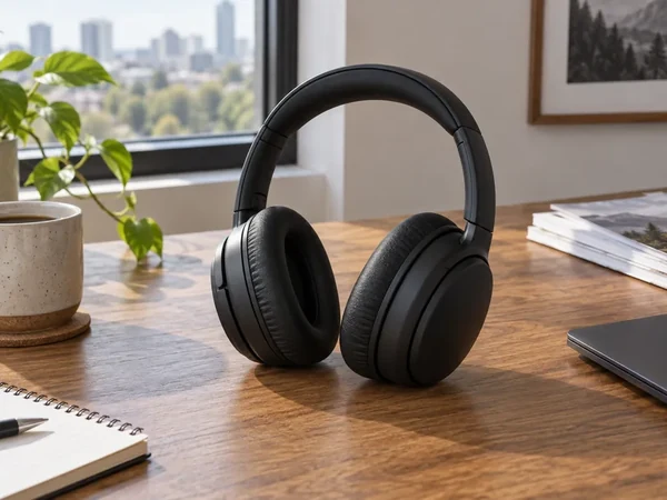 Black over-ear headphones on a wooden desk by a window with a mug and plant, a lifestyle product photo