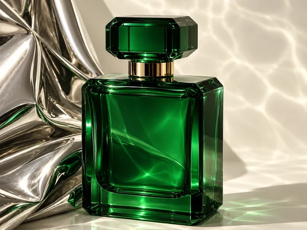 Emerald glass perfume bottle with sunlit water caustics and silver satin, a luxury product photo idea