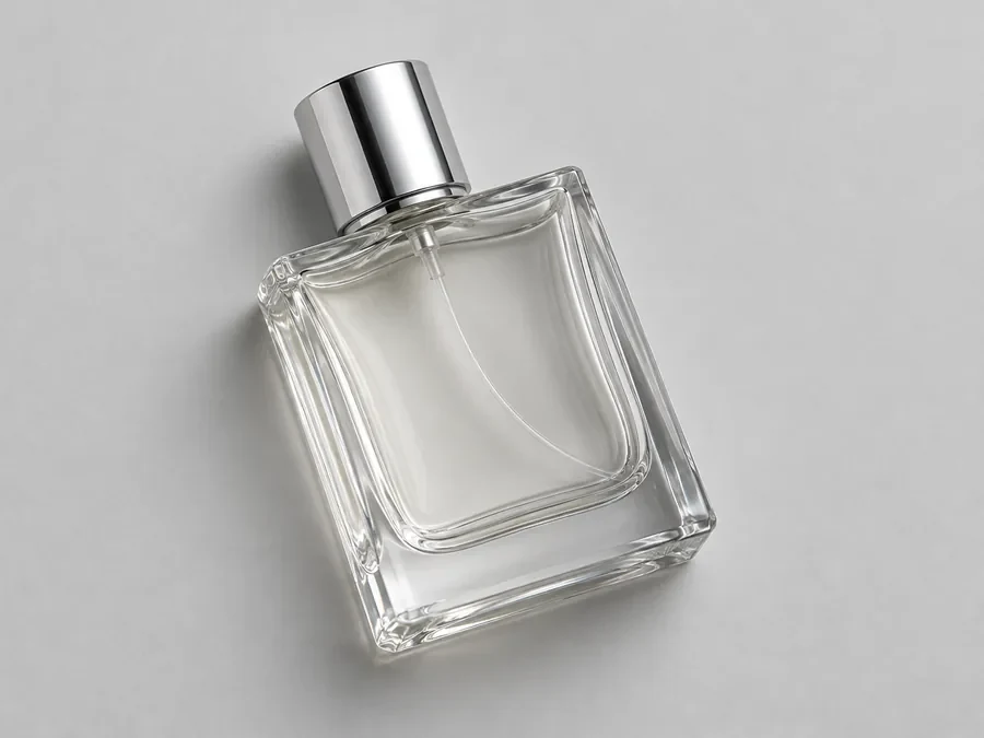 Plain product photo of a clear glass perfume bottle with a silver cap on a gray background