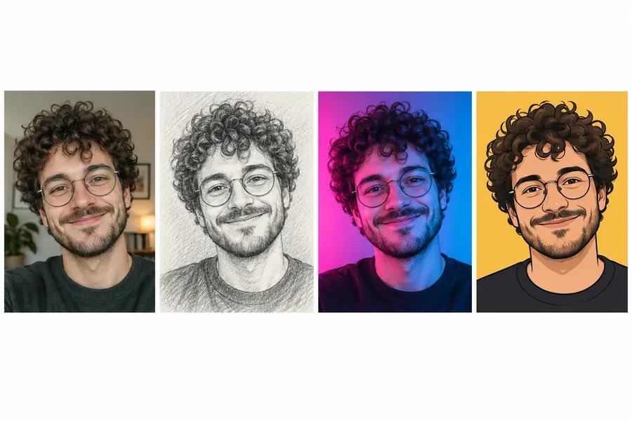 One selfie of a curly-haired man with glasses turned into a pencil sketch, a neon glow portrait and a cartoon profile picture