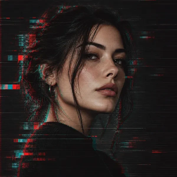 Glitch art profile picture of a woman with RGB split and scan lines on black