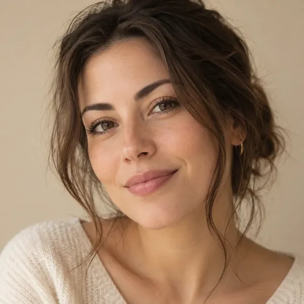 Minimalist aesthetic profile picture of a smiling woman in a cream sweater on a soft beige background