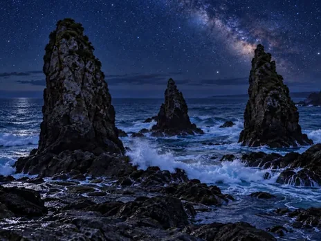 Coastal sea stacks photo turned from day into a starry night scene