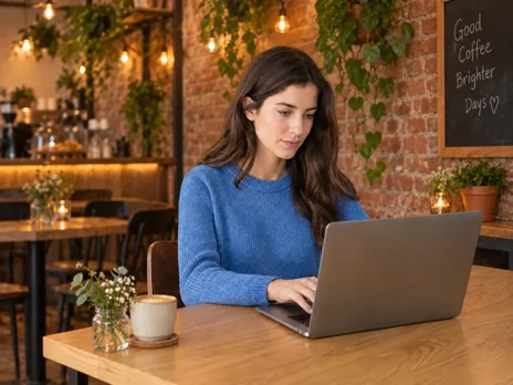 Photo of a woman at a laptop with the background replaced by a cozy café
