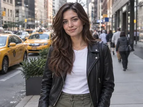 Street photo where the outfit was changed to a black leather jacket and white T-shirt