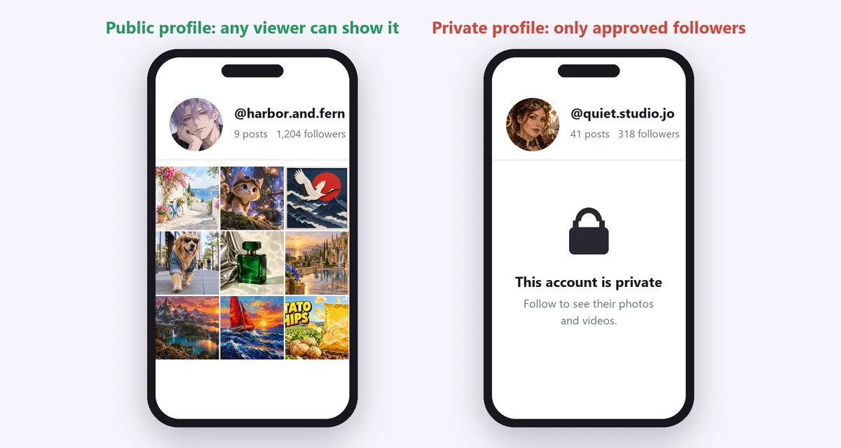 Public vs private Instagram profile: a public profile shows a grid of posts, a private profile shows a lock and This account is private
