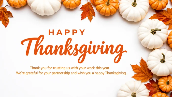 Printable Happy Thanksgiving card design with white pumpkins and autumn leaves