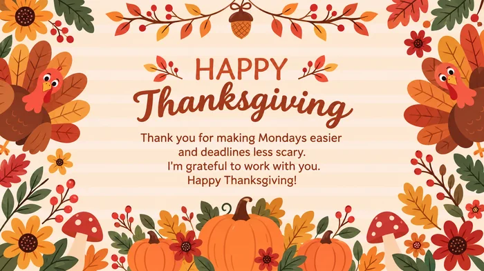 Thanksgiving greeting card for coworkers with a turkey, pumpkins and a message of thanks