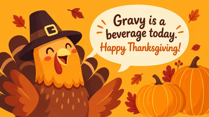 Funny Thanksgiving card with a cartoon turkey in a pilgrim hat and a playful message
