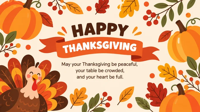 Happy Thanksgiving 2026 card with pumpkins, a turkey and autumn leaves for general Thanksgiving wishes