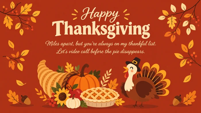 Thanksgiving card for a loved one far away with a turkey, a pie and a message sent from afar