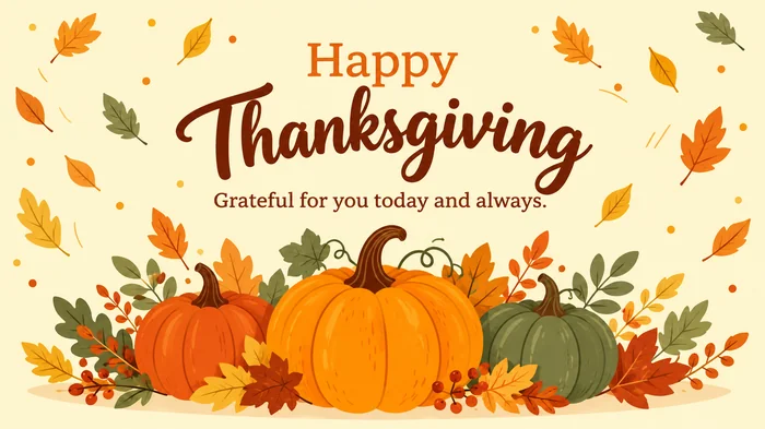 Short Thanksgiving card message on a pale yellow card with pumpkins and falling leaves