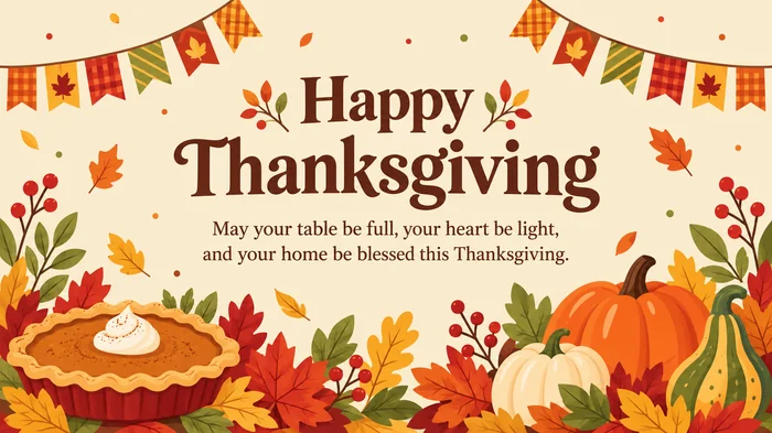 Religious Thanksgiving card with harvest pie, pumpkins and a blessing for cards