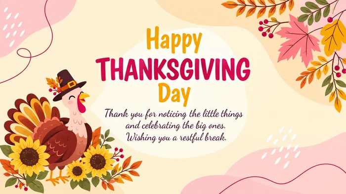 Happy Thanksgiving Day card for a teacher with a cartoon turkey and a thank-you note