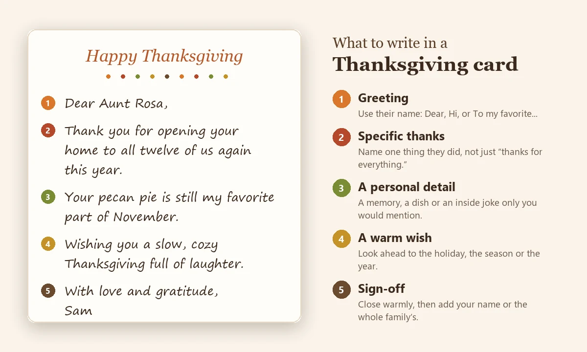 What to write in Thanksgiving card notes: greeting, specific thanks, a personal detail, a warm wish and a sign-off, shown on a handwritten card