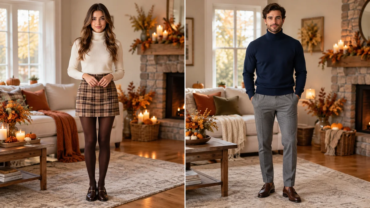 Two AI Thanksgiving outfit try-ons: a woman in a cream turtleneck and plaid skirt, a man in a navy turtleneck and gray trousers