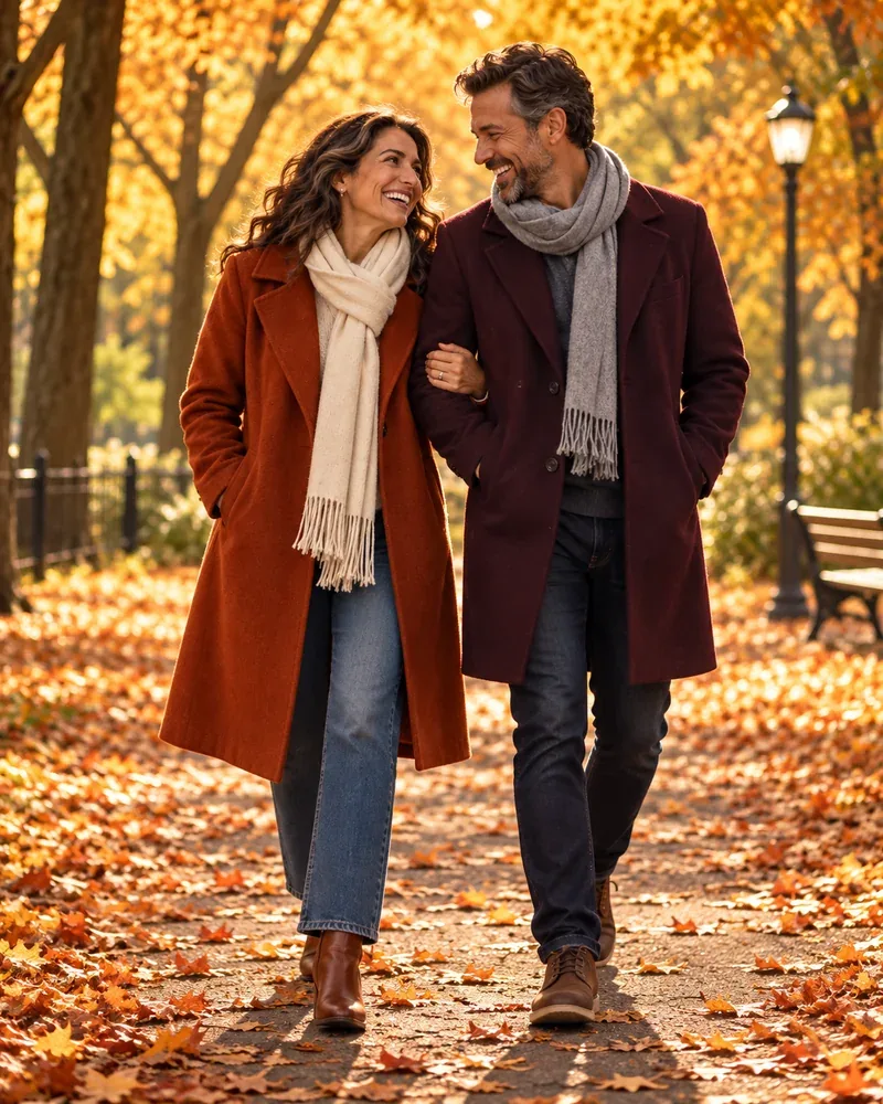 Couple in a rust coat and a burgundy coat with cream and gray scarves walking through fall leaves