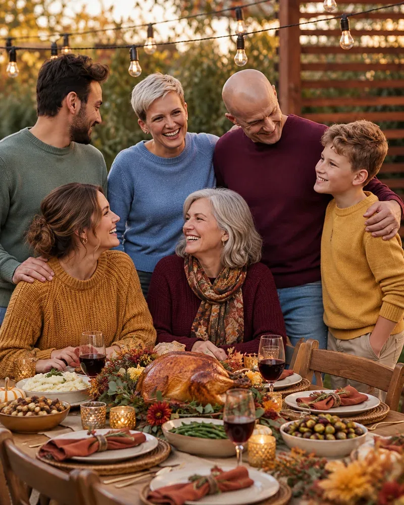 Three generations of a family in sage, denim blue, burgundy and mustard sweaters at an outdoor Thanksgiving dinner