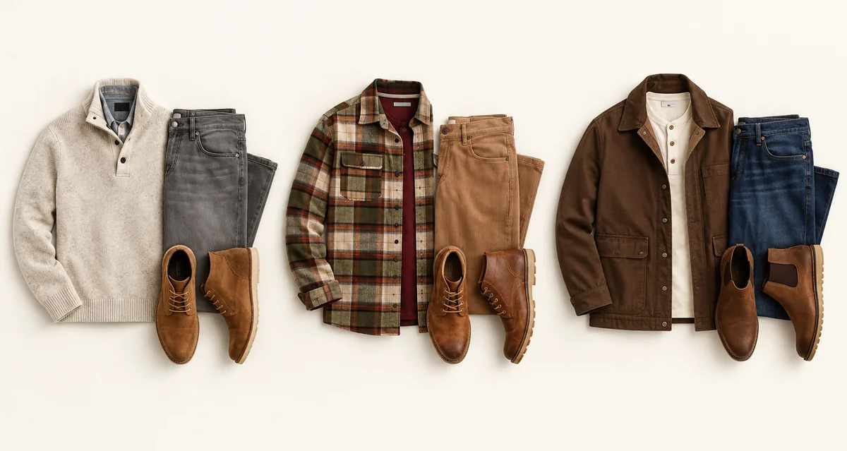 Three Friendsgiving outfit flat lays: cream quarter-zip with gray jeans, plaid flannel with camel corduroys, brown field jacket with jeans