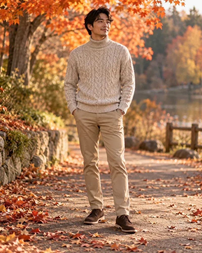 Thanksgiving outfit for men: oatmeal cable-knit turtleneck sweater with tan chinos in an autumn park