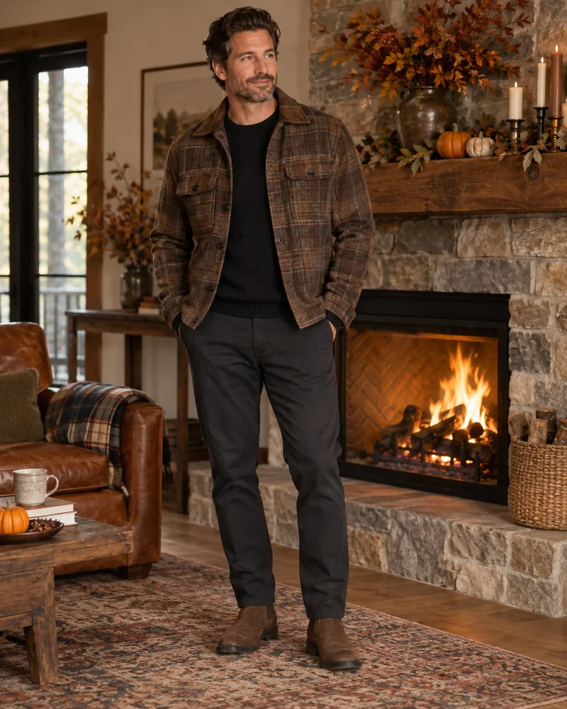 Thanksgiving clothes for men: plaid overshirt jacket over a black crewneck sweater by a fireplace