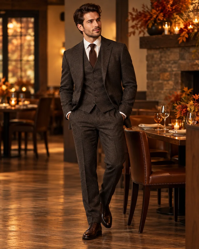 Charcoal three-piece suit with a tie, one of the Thanksgiving suits for a formal dinner
