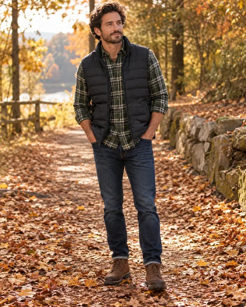 Male Thanksgiving outfits for outdoors: green plaid flannel shirt with a black puffer vest and jeans