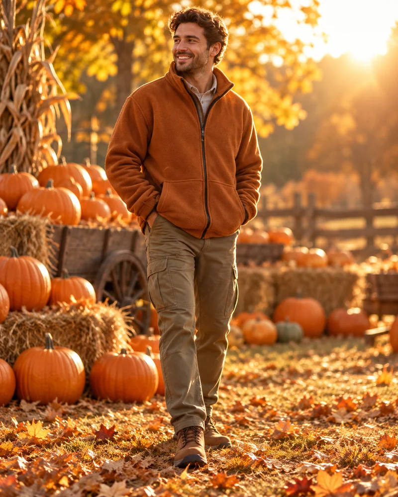 Rust fleece jacket with olive cargo pants, a casual Thanksgiving outfit for guys among pumpkins