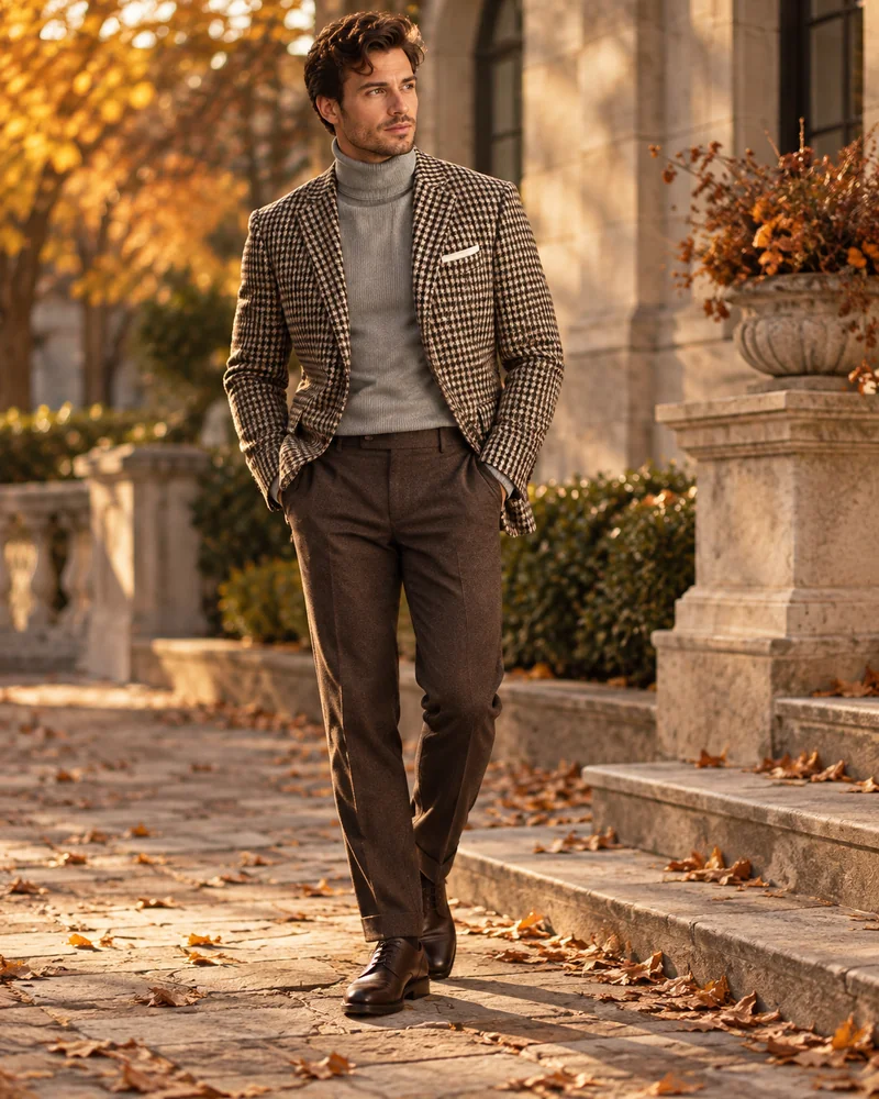 Brown houndstooth tweed blazer over a gray turtleneck, Thanksgiving attire for men at a restaurant