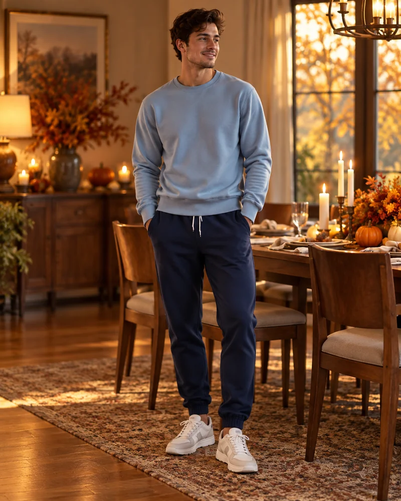 Light blue crewneck pullover with navy joggers, a relaxed Thanksgiving outfit for men at home