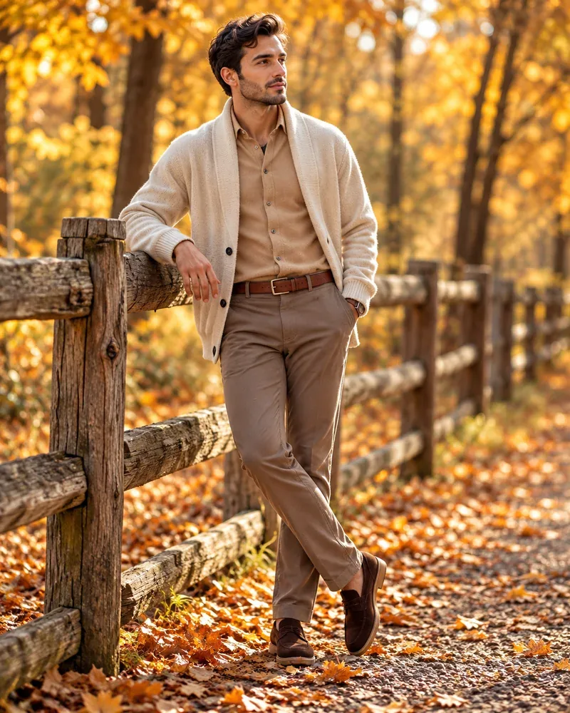 Thanksgiving outfit for men with a cream shawl-collar cardigan, camel shirt, brown belt and chinos