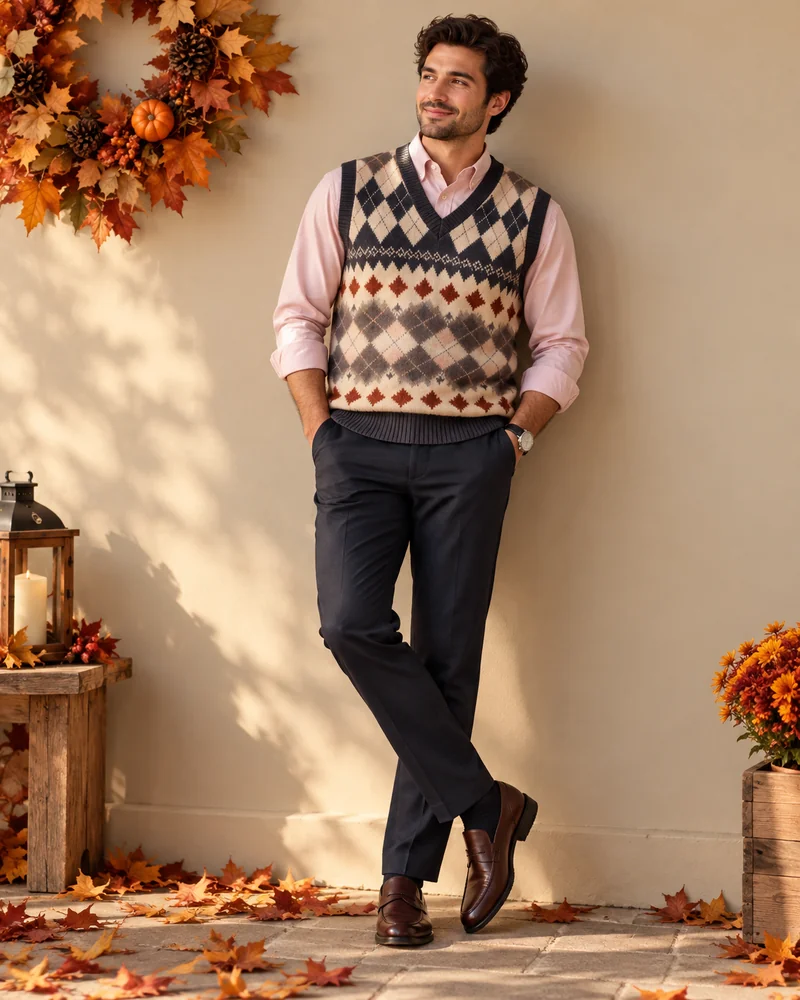 Men’s Thanksgiving outfit ideas: argyle sweater vest over a pink oxford shirt with dark trousers